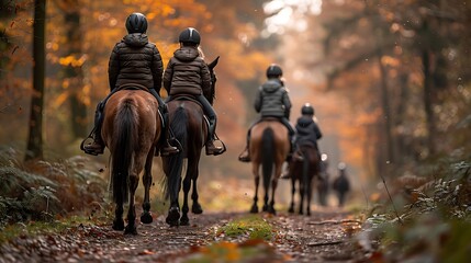 A captivating scene of a family horseback riding, parents and children on horses and ponies, riding gear and helmets, lush forest trail, clear blue sky, vibrant and detailed, natural light,