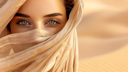 Beautiful Woman wrapped in Beige Silk Scarf Beauty Girl Face with Smooth Skin and Natural Makeup Women Hair Sun Care Headwear Scarves over Desert Sand background : Generative AI