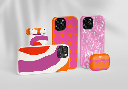 Set of Smartphone and Earphone Cases Mockup 