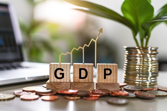 Growth in the idea of gross domestic product, or GDP, the term "GDP" and its bar chart on the table, economic expansion, and rising inflation, Generative AI.