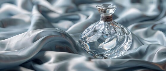 Crystal perfume bottle on a silk cloth, refinement, luxury scent