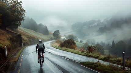 Fototapeta premium A cyclist riding along a foggy hillside road. Misty Morning in the Hills