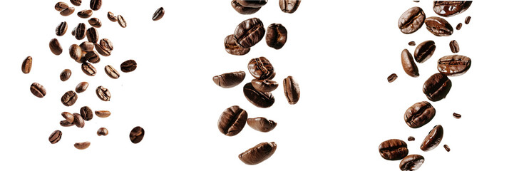 Obraz premium Set of coffee beans suspended in the air isolated on transparent background (3)