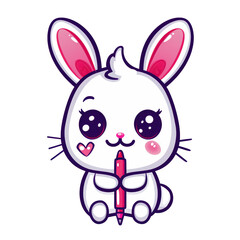 Obraz premium Adorable cartoon bunny holding a pen with pink ears, big eyes, and heart-shaped cheeks. Perfect for kids' illustrations and designs isolated on white or transparent png background