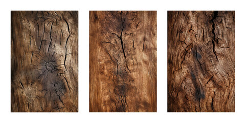 set of three dark brown wooden texture top view background, surface of old wood