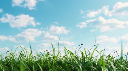 Obraz premium Landscape view of green grass field with blue skybackground : Generative AI