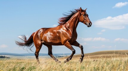 Obraz premium a majestic horse galloping through an open meadow, with its mane flowing in the wind