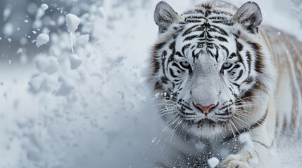 Majestic white tiger walking through deep snow during a heavy snowfall