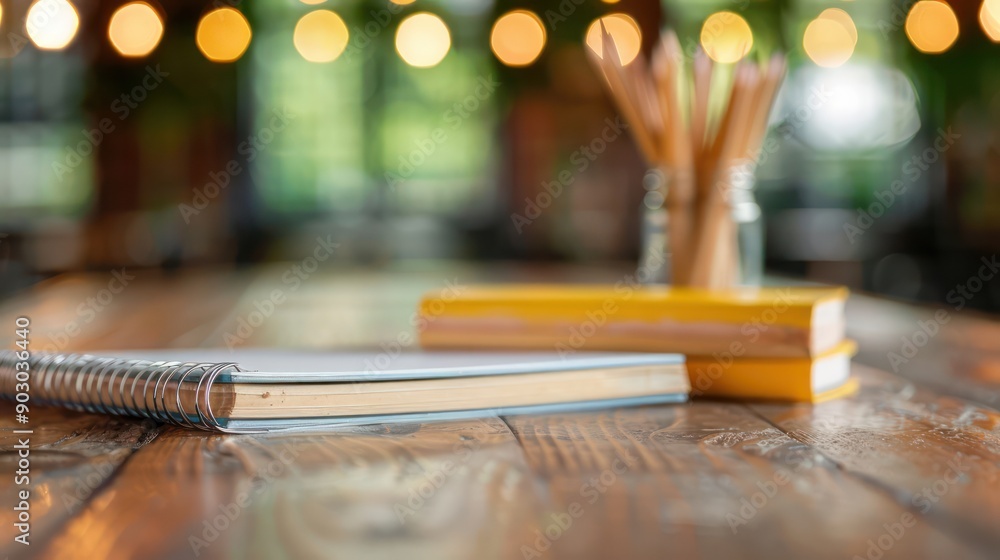 Poster A notebook and pencils sit on a wooden table. The notebook is open to a page with a pencil on it. The scene is simple and uncluttered