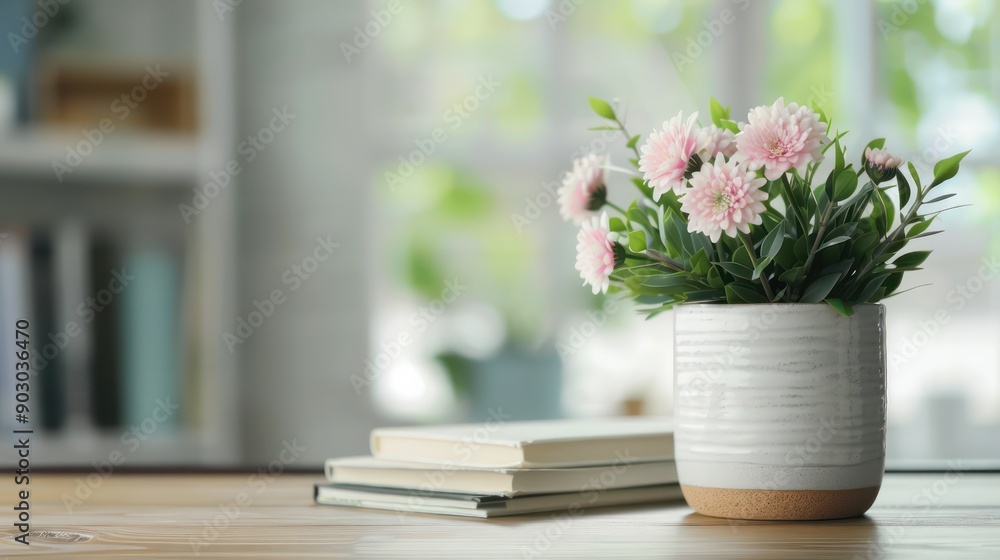 Poster a white vase with pink flowers sits on a wooden table next to a stack of books. the vase and books c