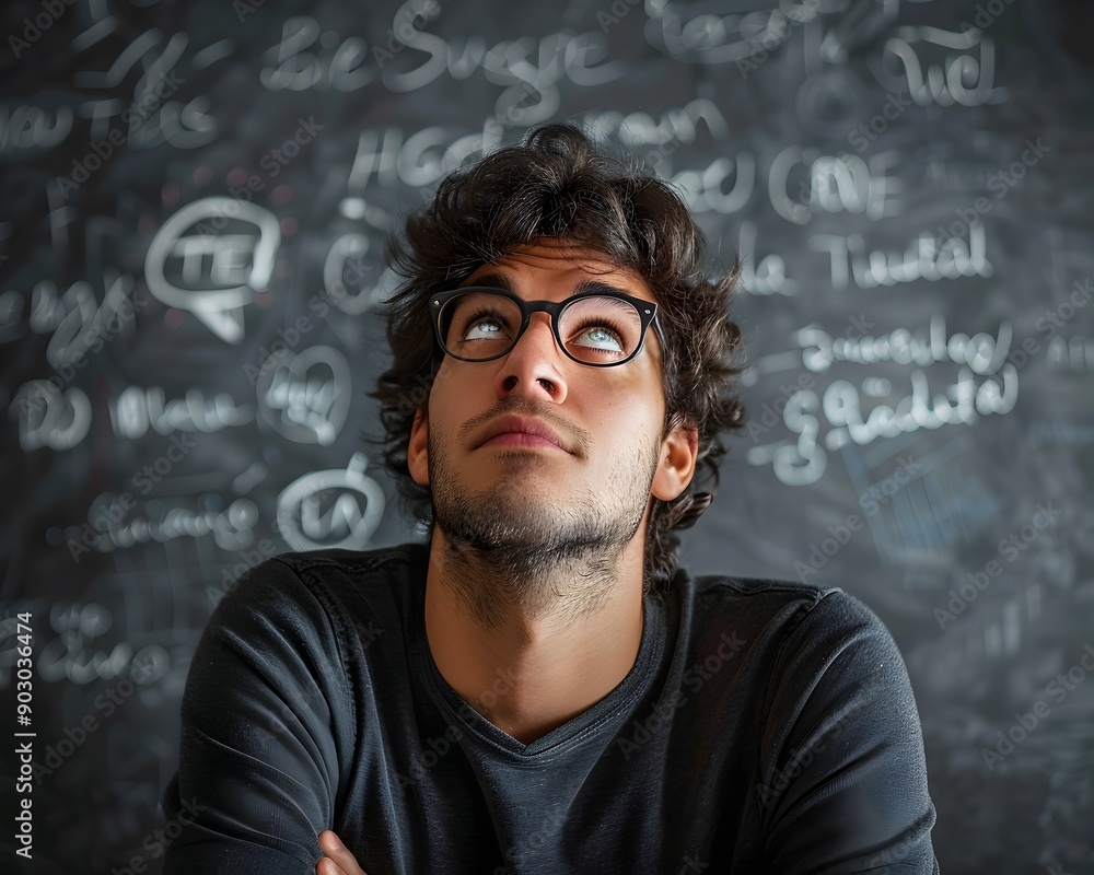 Poster focused individual intently concentrating on a task human emotions and expressions concept with copy