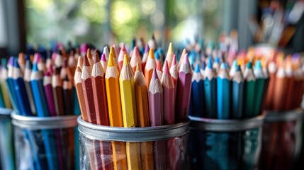 A close-up shot of vibrant colored pencils neatly arranged in glass jars.