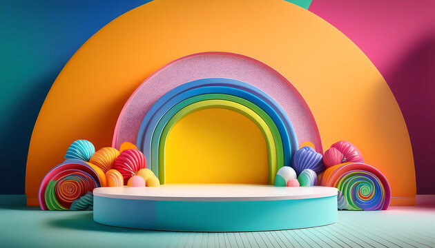  Bright and Colorful Podium Una piattaforma di prodotto 3D con sfondo vivace e colorato idea_1(22)
