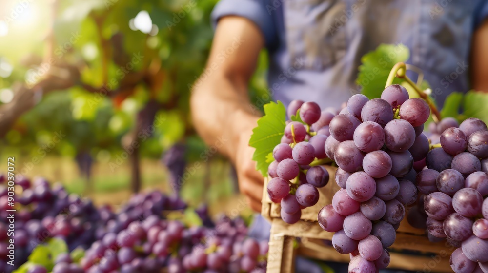 Poster a man is holding a bunch of purple grapes. the grapes are ripe and ready to be picked. the scene is 