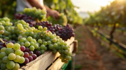 Obraz premium A man is picking grapes from a vineyard. The grapes are green and red. The scene is peaceful and serene