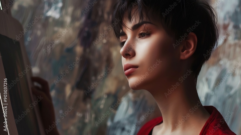Poster A very pretty woman with a short haircut is working hard trying to think of something to paint and add on the canvas in front of her : Generative AI