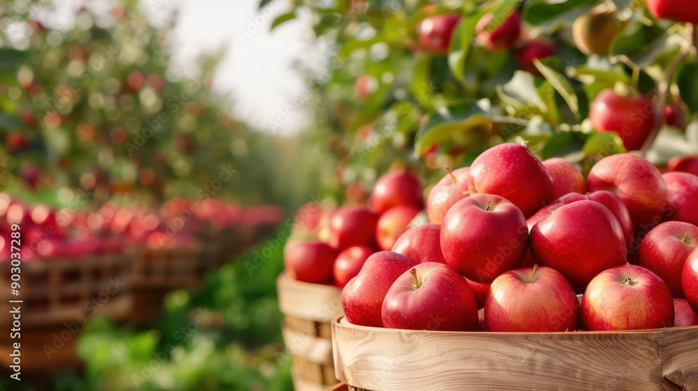 Poster a basket full of red apples in a field. the apples are ripe and ready to be picked