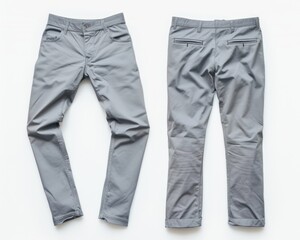 Chinos Garment. Modern Gray Clothing Fabric Pants Folded Leg on White Background