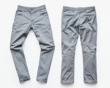 Chinos Garment. Modern Gray Clothing Fabric Pants Folded Leg on White Background