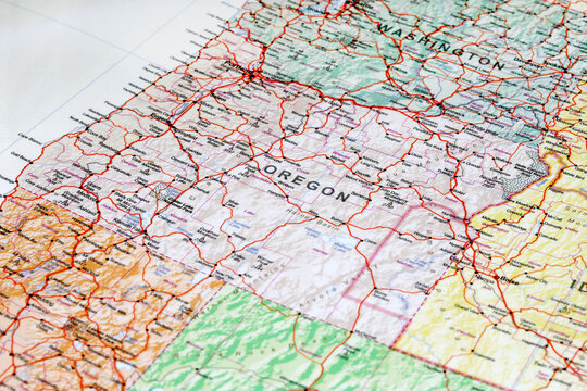 Portland, United States - July 30, 2024: Detailed Oregon road map. Closeup macro view of State of Oregon map