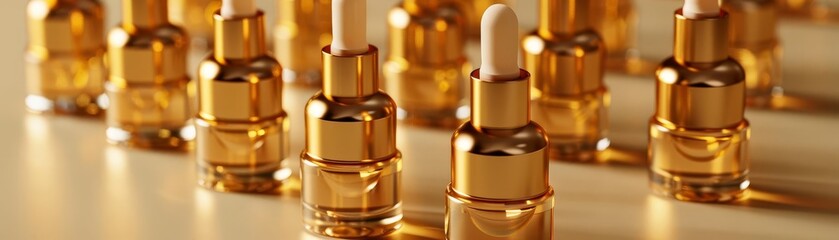 Naklejka premium Goldplated serum bottles, luxury skincare, rejuvenation