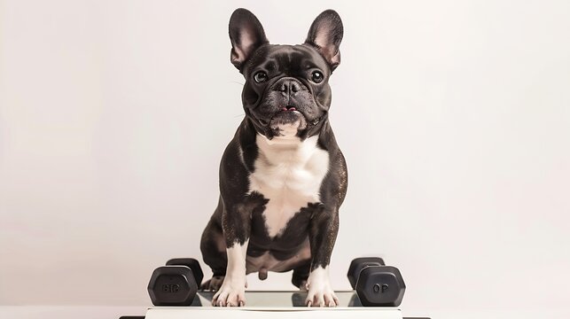 french bulldog  dog with guilty conscience  for overweight and to loose weight  standing on a scale isolated on white background with dumbbells : Generative AI