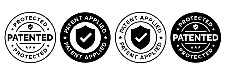 Patented Protected, Technology, Intellectual Property, Patent Applied logo, badge, icon, sticker, label, emblem, stamp, symbol, black, line circle, flat vector, isolated illustration.