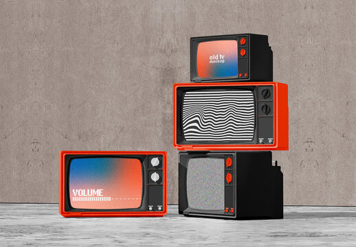 Stacked Vintage TV Set Mockup on Minimalist Background