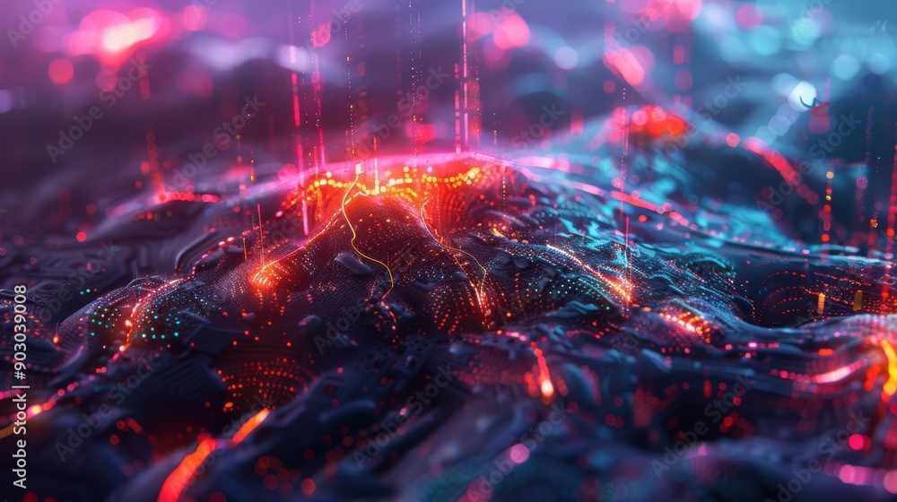 Poster a futuristic digital landscape with abstract neural networks and glowing circuits, reflecting the cu