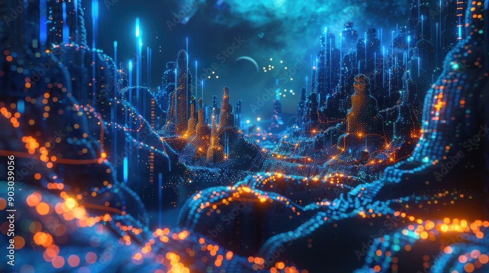 Poster a futuristic digital landscape with abstract neural networks and glowing circuits, reflecting the cu