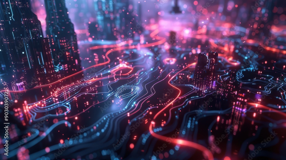 Poster a futuristic digital landscape with abstract neural networks and glowing circuits, reflecting the cu