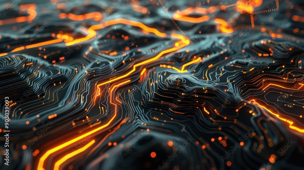 Poster a futuristic digital landscape with abstract neural networks and glowing circuits, reflecting the cu