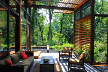 Fototapeta premium Screen Patio Oasis: A Modern Green Home Addition with Sunny Summertime Vibes