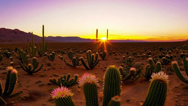 A desert landscape with a sunset in the background