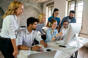Startup business people working as team to find solution to problem. Technology finance concept