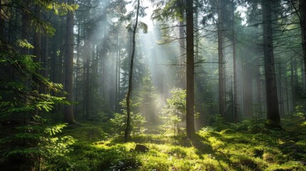 Obraz premium A dense, misty forest with tall pine trees and dappled sunlight filtering through the canopy, creating a mysterious and enchanting atmosphere