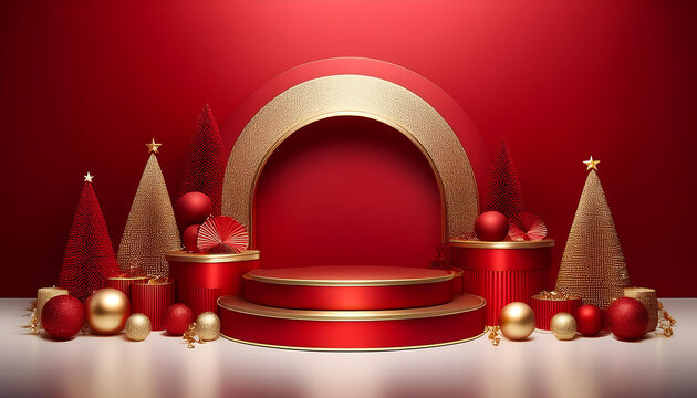  Festive Red and Gold Podium Una piattaforma di prodotto 3D con decorazioni rosse e dorate i_1(47)