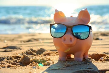 Obraz premium Tax Vacation. Beach Scene with Baby Piggy Bank Wearing Sunglasses