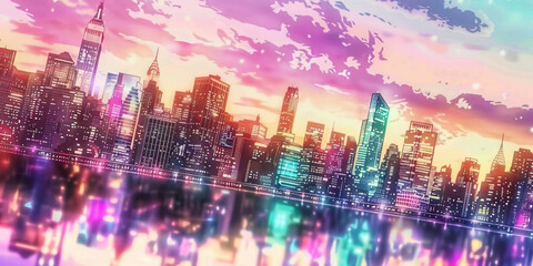 Obraz premium New York State of Mind: The Hudson River flows serenely past the iconic skyline, reflecting the city's towering buildings.