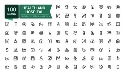 Health and Hospital outline icons set. Related to Hospital, patient, medicine, pharmacy, prescription and medical report. Editable Vector illustration.