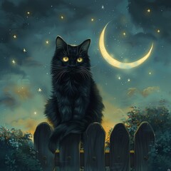 Fototapeta premium Black Cat on Fence Under Crescent Moon and Starry Sky, Mystical Halloween Night Illustration, Enchanting and Spooky Scene. Beautiful and Mysterious Artwork