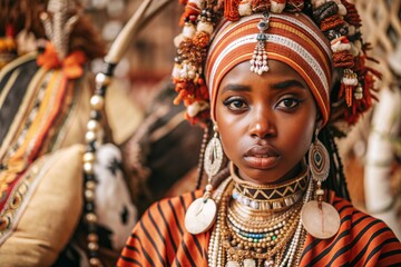 A beautiful black African girl in a traditional African national costume. Against the background of bones. The portrait symbolizes the traditions, culture and beauty of the African people.
