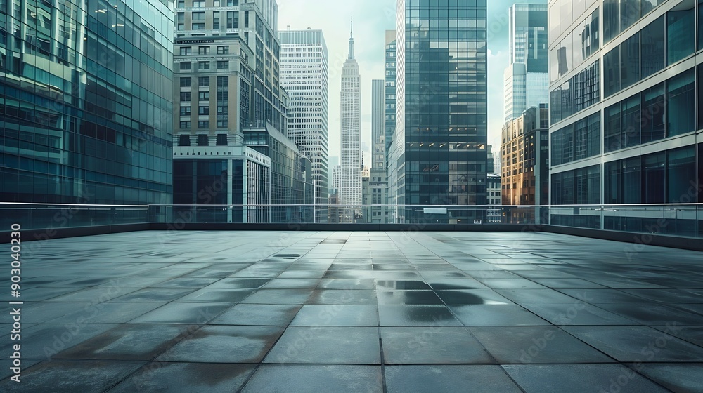 Poster empty square floor and city skyline with building background : generative ai