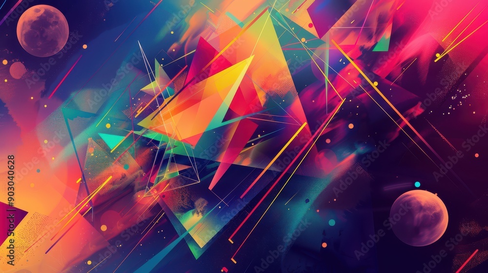 Poster a dynamic desktop background with abstract geometric shapes and vibrant colors, adding a touch of cr