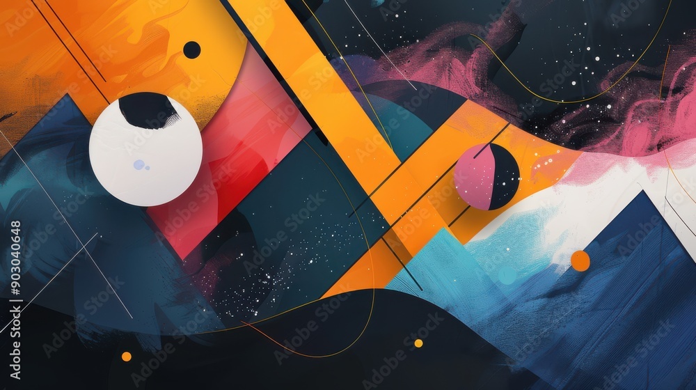 Poster a dynamic desktop background with abstract geometric shapes and vibrant colors, adding a touch of cr