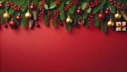 horizontal image, pine border on the top, red christmas background . Copy space for text. For banner, design, social media, blog, cover, wallpaper, thumbnail, youtube, etsy