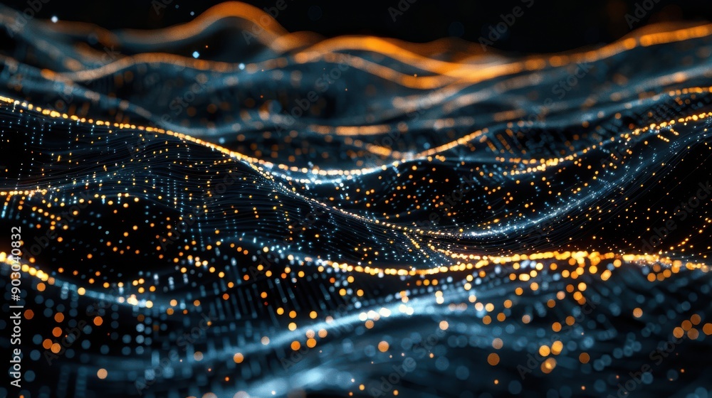 Poster a dynamic pattern of interconnected data points and flowing lines, showcasing the complexity and bea