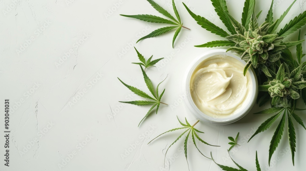 Wall mural Cannabis cream and hemp plant on white backdrop symbolizing natural remedies and CBD products