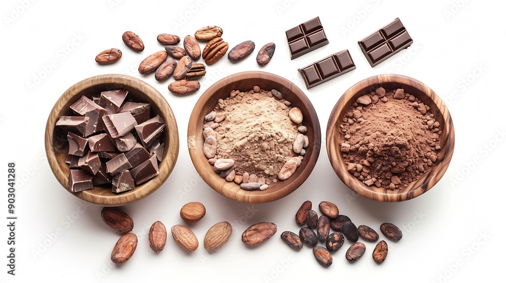Poster chocolate ingredients in wooden bowls cocoa beans chocolate mass cocoa powder chocolate bars flat la