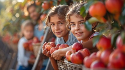 Fototapeta premium A photograph of a family picking apples in an orchard, with parents and children reaching for apples on trees, baskets filled with fruit, ladders propped against branches, sunny day with blue sky,